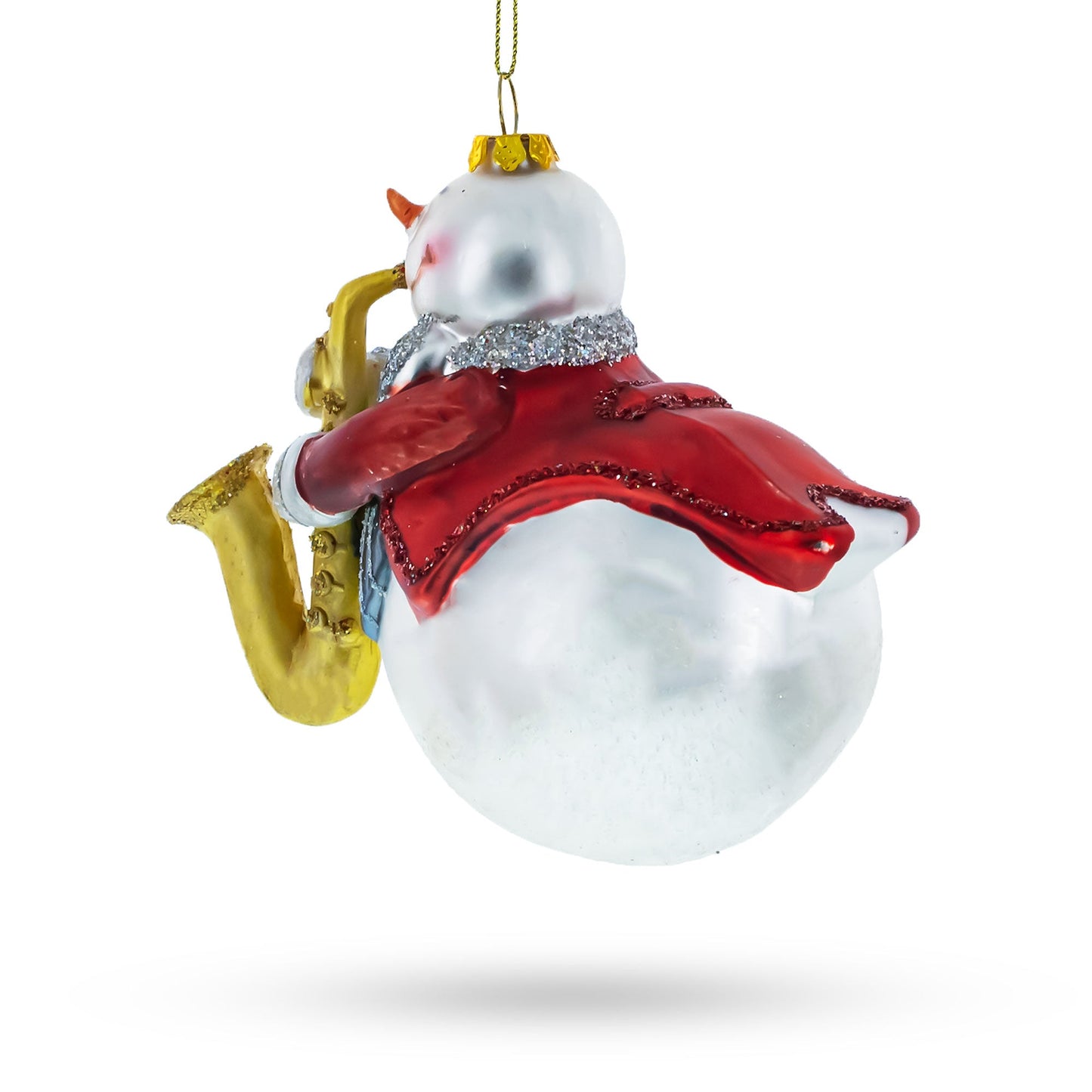 Jazzy Snowman Playing Saxophone Glass Christmas Ornament