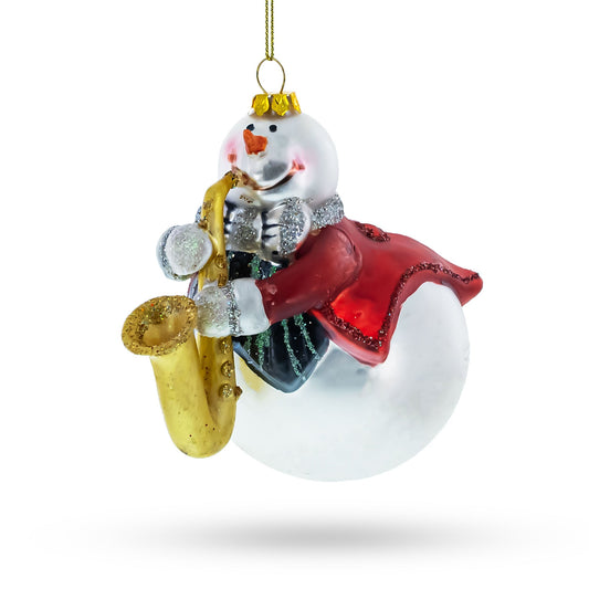 Jazzy Snowman Playing Saxophone Glass Christmas Ornament