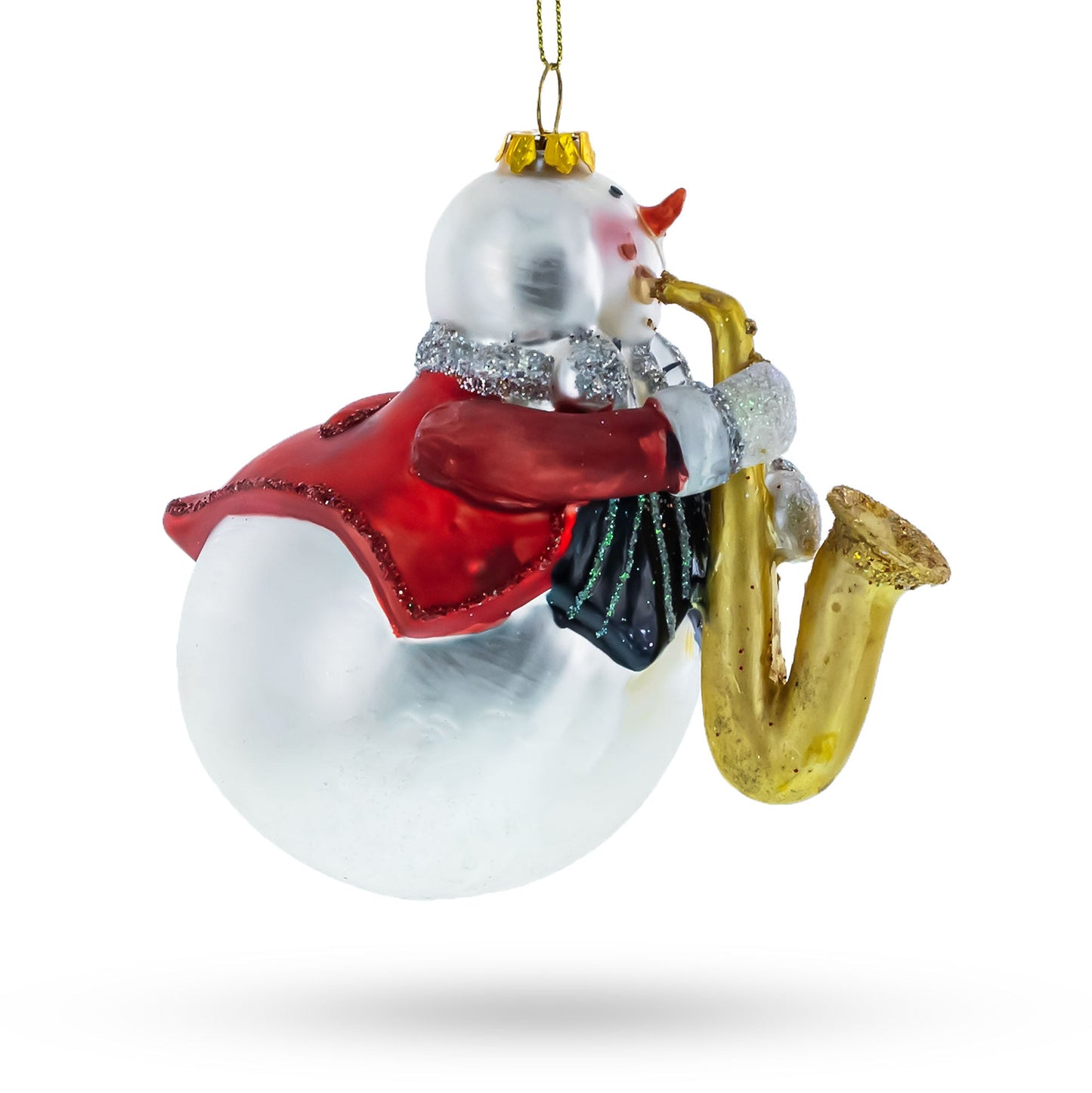 Jazzy Snowman Playing Saxophone Glass Christmas Ornament