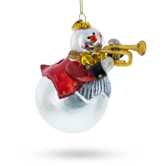 Festive Snowman Playing Trumpet Glass Christmas Ornament