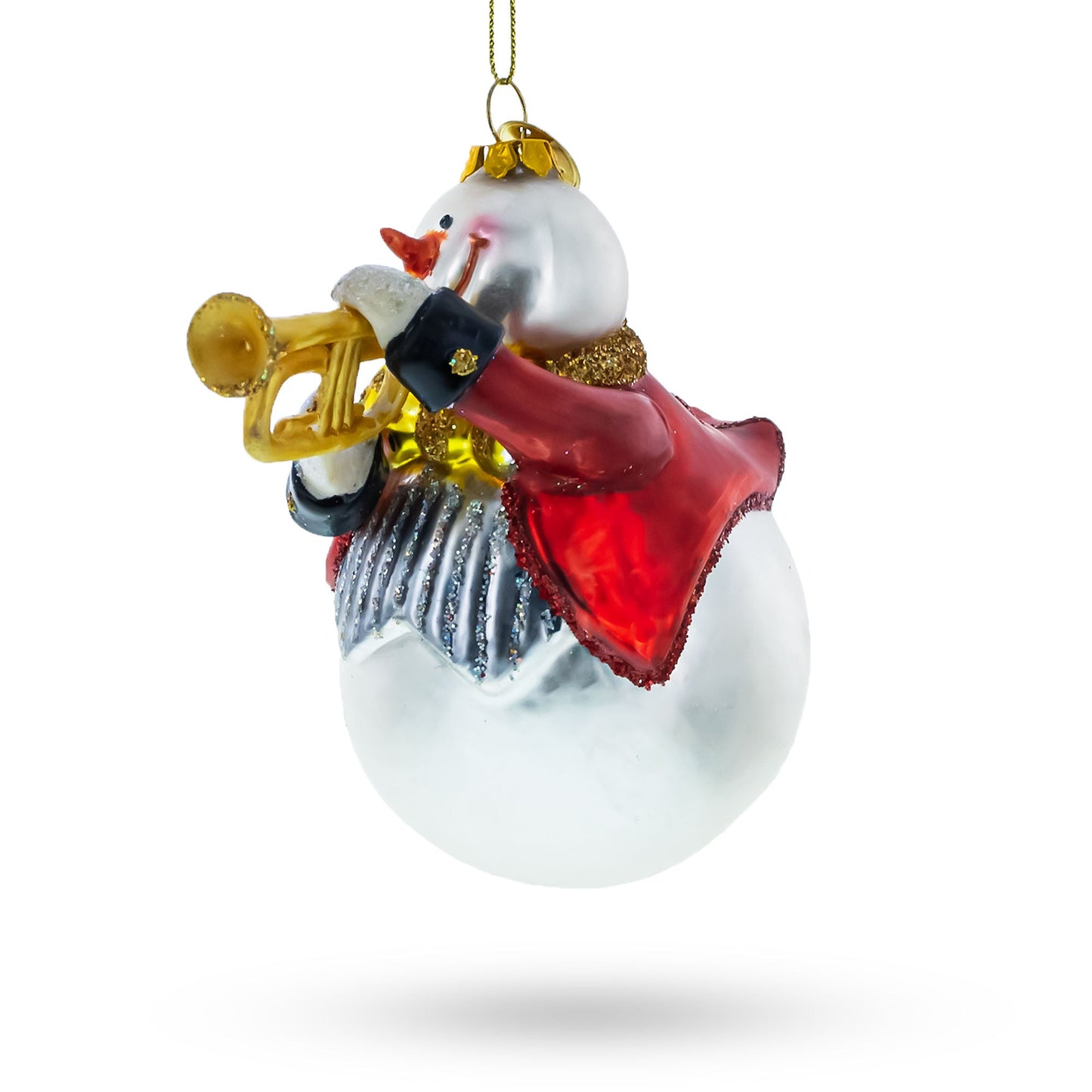 Festive Snowman Playing Trumpet Glass Christmas Ornament