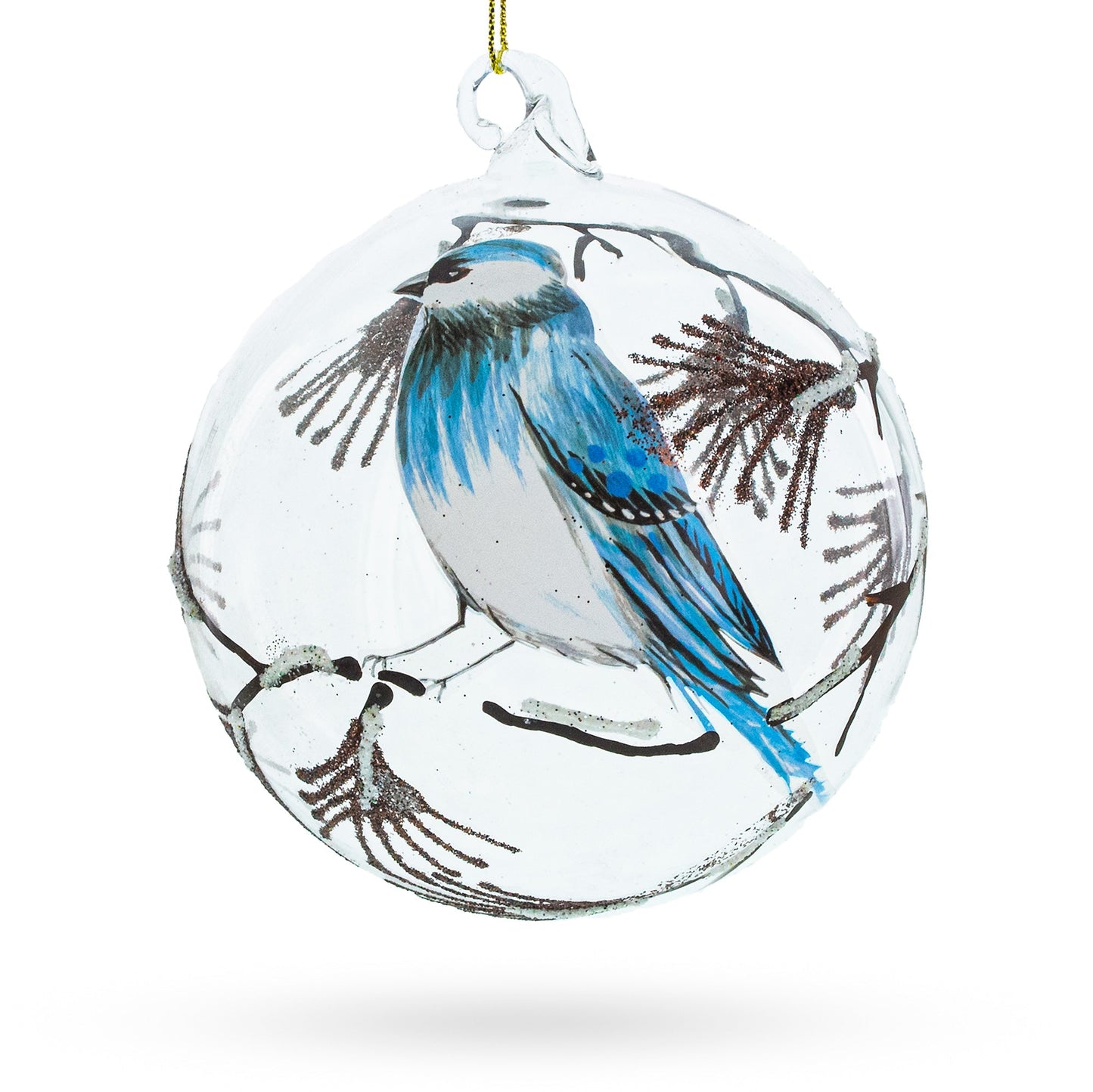 Bluebird In Frosted Forest Scene Glass Ball Christmas Ornament