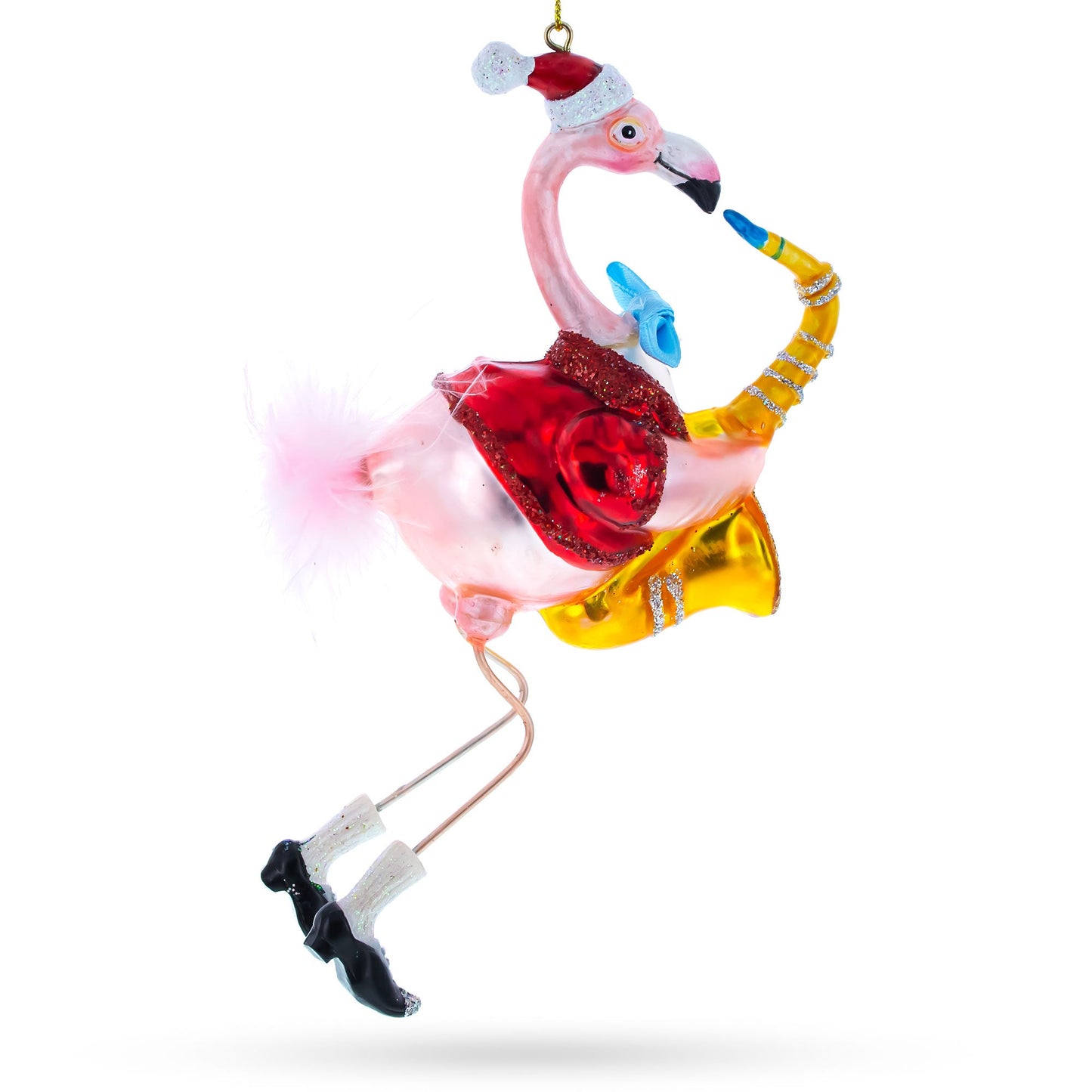 Flamingo Playing Saxophone Glass Christmas Ornament
