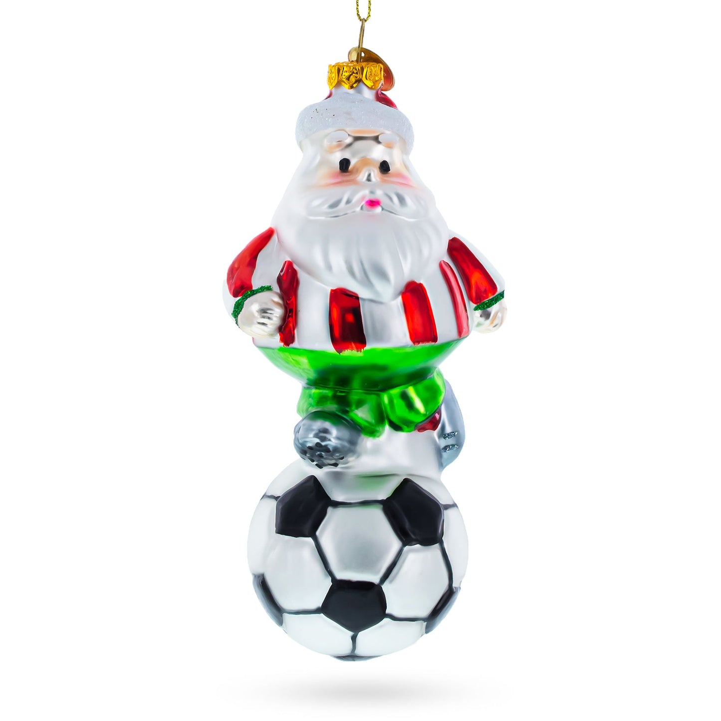 Santa the Soccer Player Glass Christmas Ornament