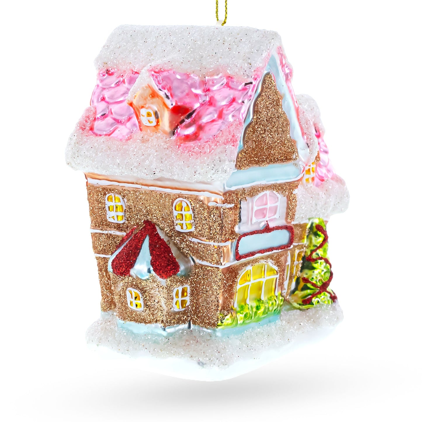 Decorated Gingerbread House Glass Christmas Ornament
