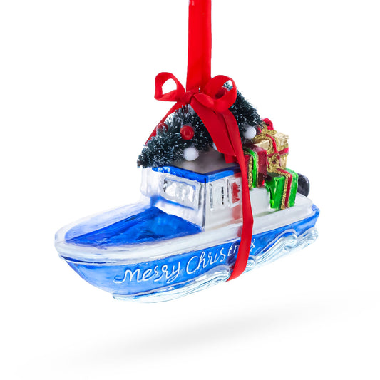 Boat with Tree and Present Glass Christmas Ornament