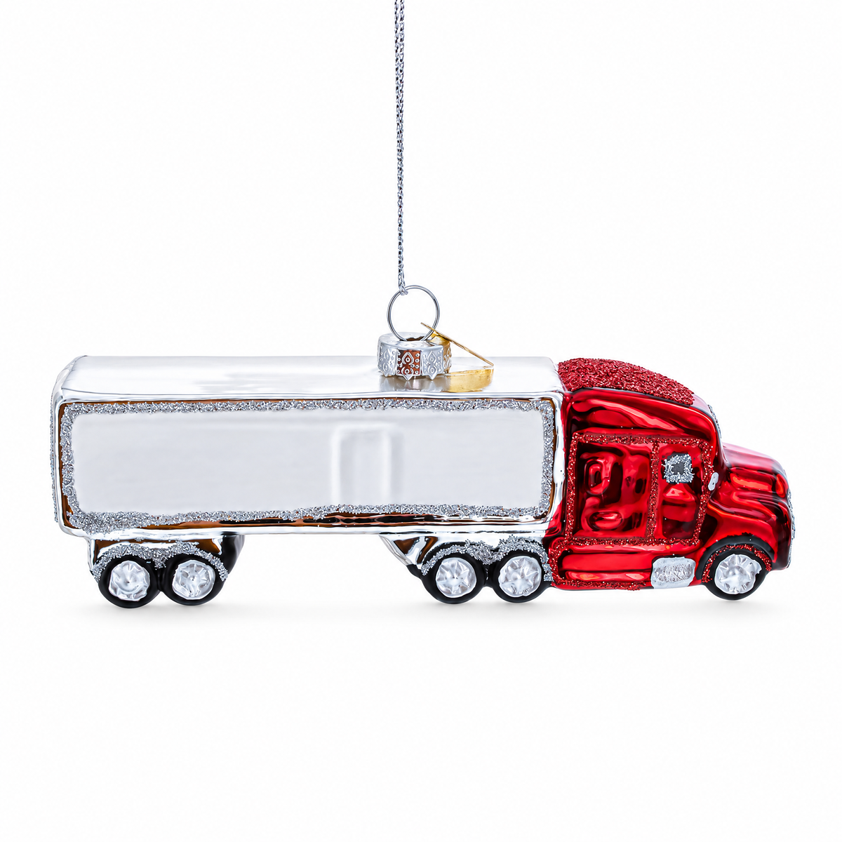 Red Semi Truck with Silver Trailer Glass Christmas Ornament