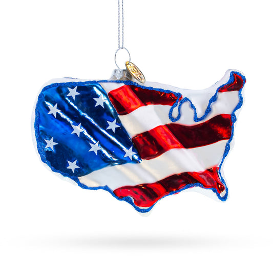 United States Flag on Map Glass Christmas Ornament
