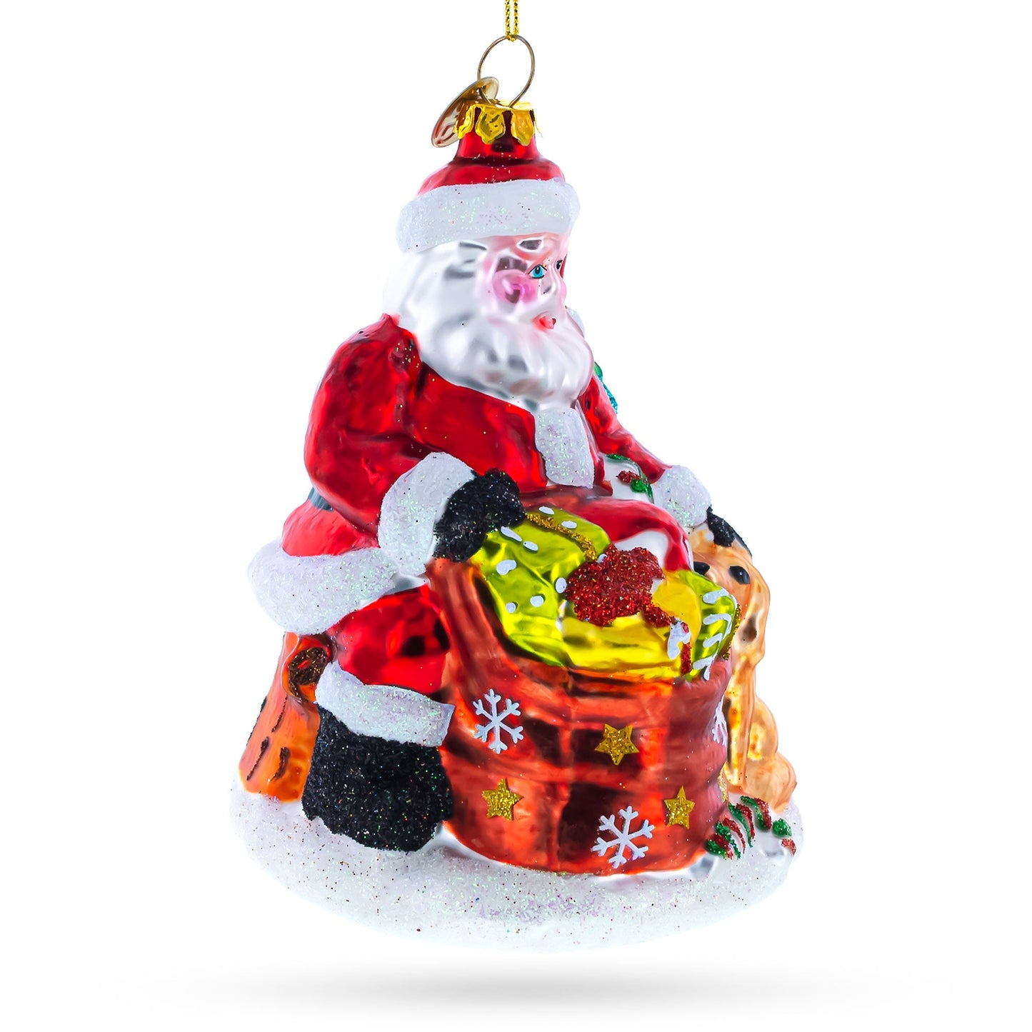Santa with Puppy and Christmas Tree Glass Christmas Ornament