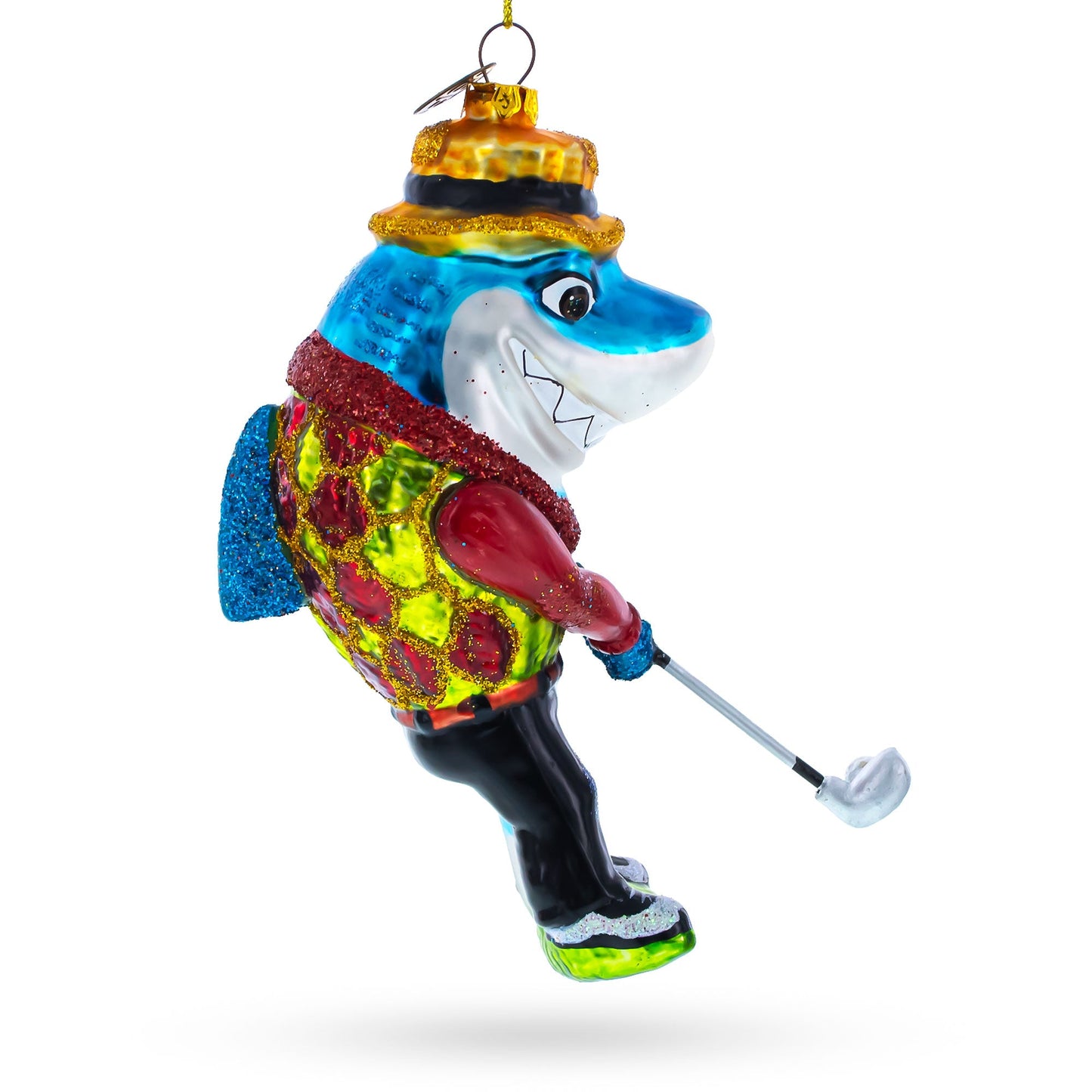 Shark Playing Golf Glass Christmas Ornament
