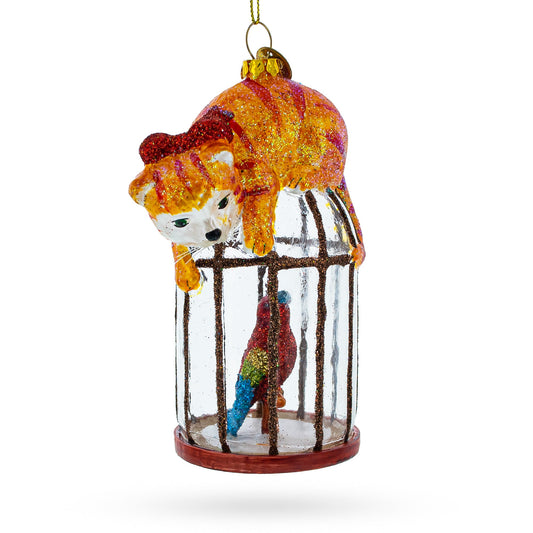 Cat on Birdcage with Parrot Glass Christmas Ornament