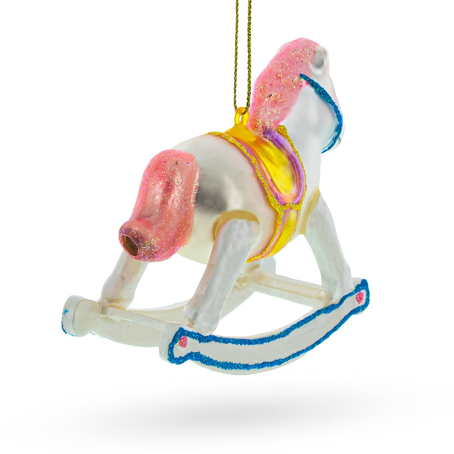 Vintage Pink and White Rocking Horse Glass Christmas Ornament
