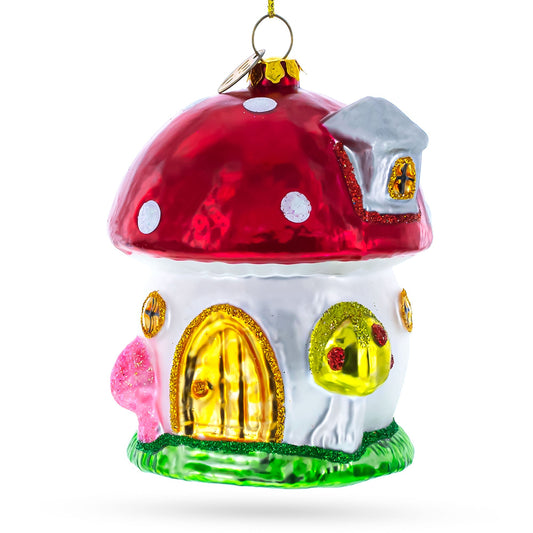 Fairy Tale Mushroom House Glass Christmas Ornament