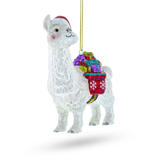 Lama with Presents Glass Christmas Ornament