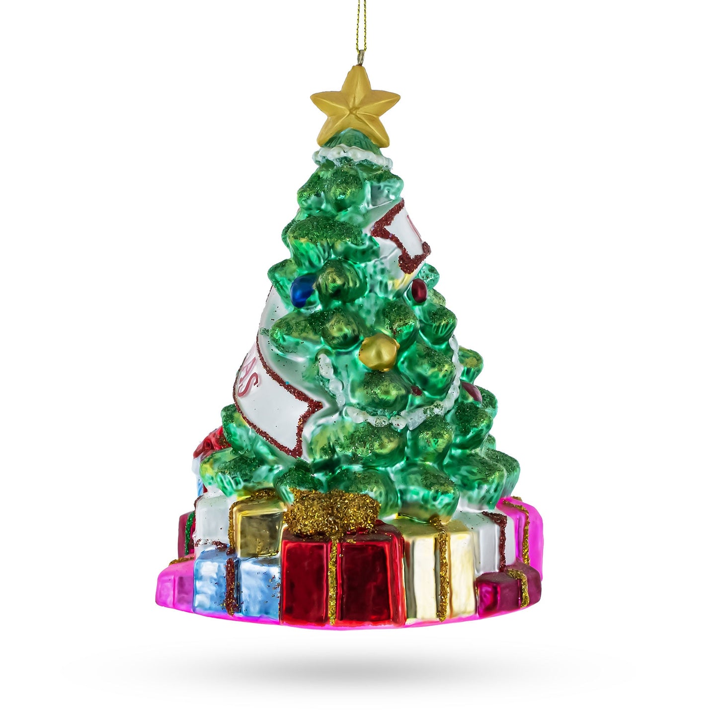 Charming Christmas Tree with Gifts Glass Christmas Ornament