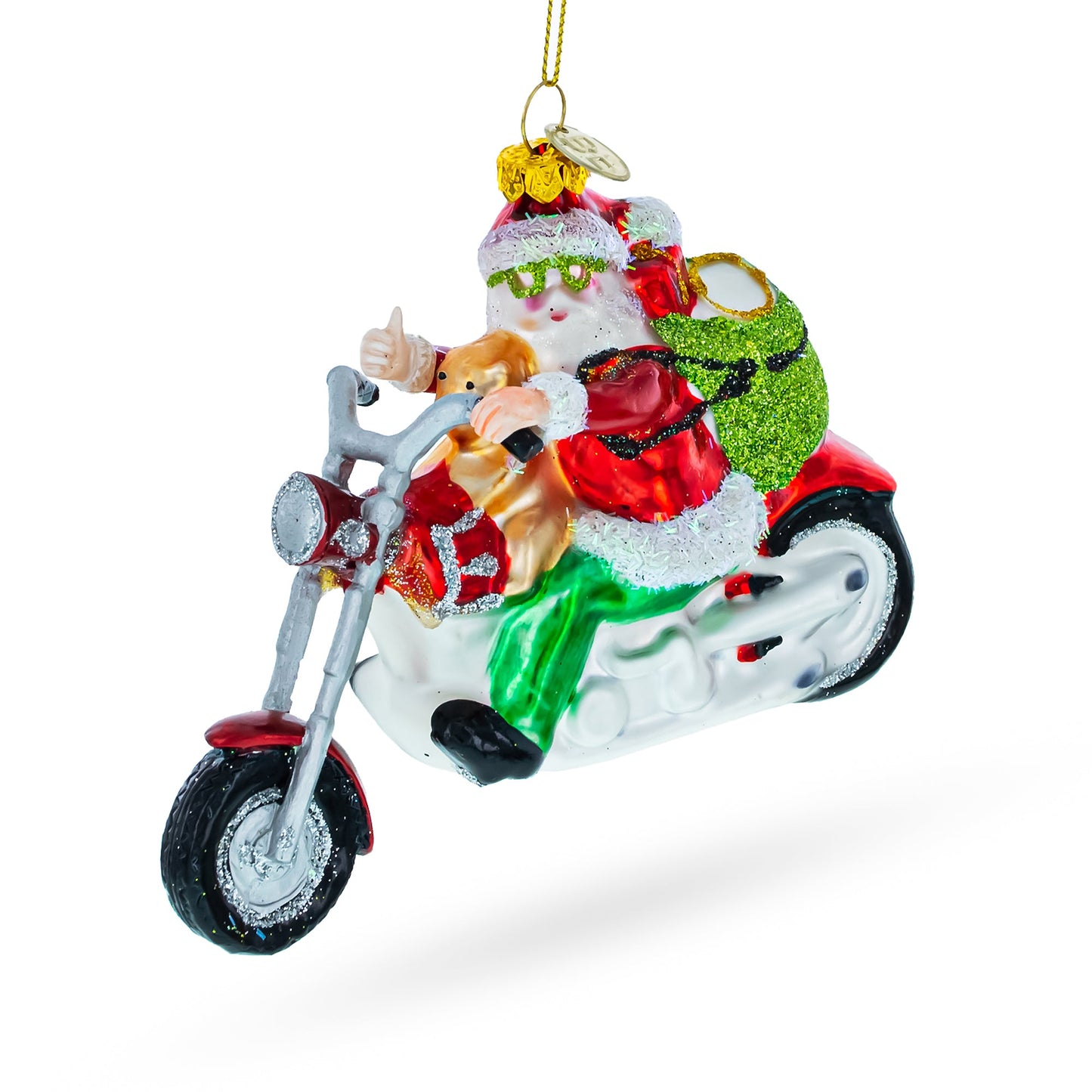 Biker Santa on Red Motorcycle Glass Christmas Ornament