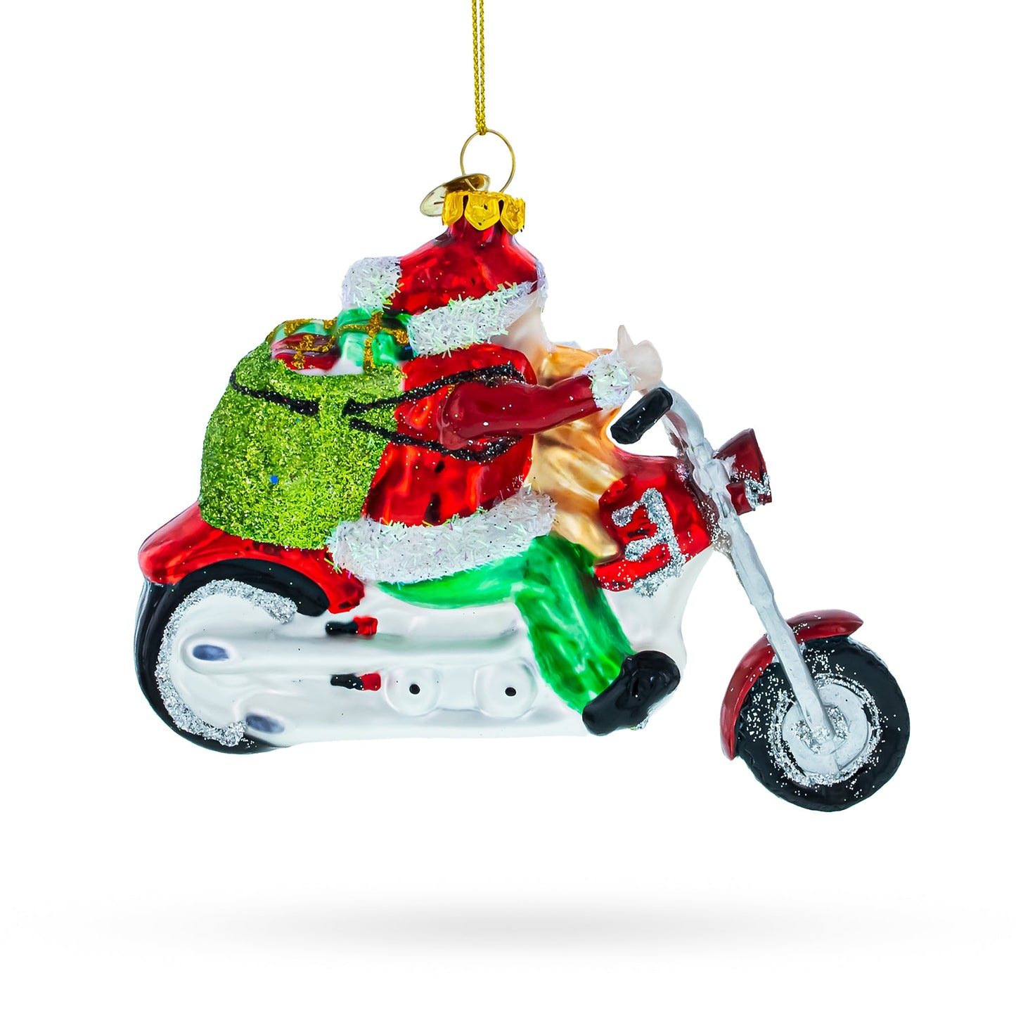 Biker Santa on Red Motorcycle Glass Christmas Ornament