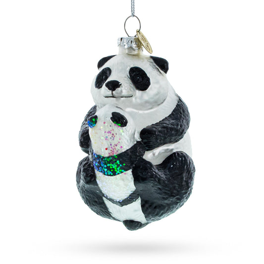 Mother and Baby Panda Embrace Glass Christmas Ornament