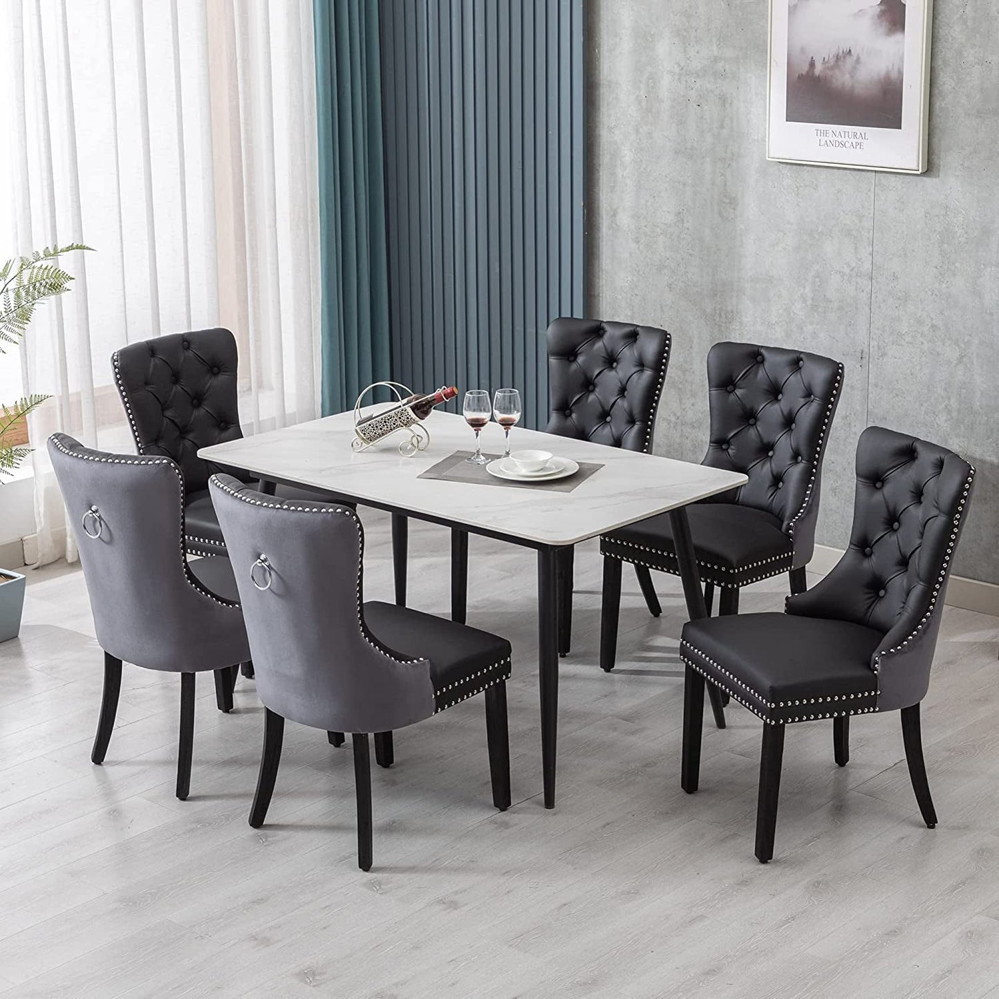 Velvet Dining Chairs Set Of 6 Black And Dark Grey Nailhead Trim around a modern dining table in a stylish interior.