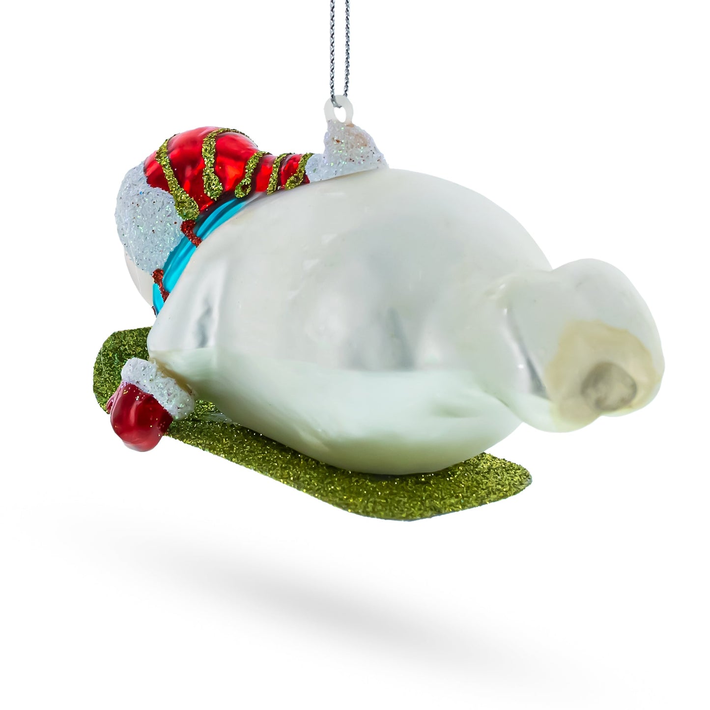 Snowman Gleefully Riding a Sled Glass Christmas Ornament