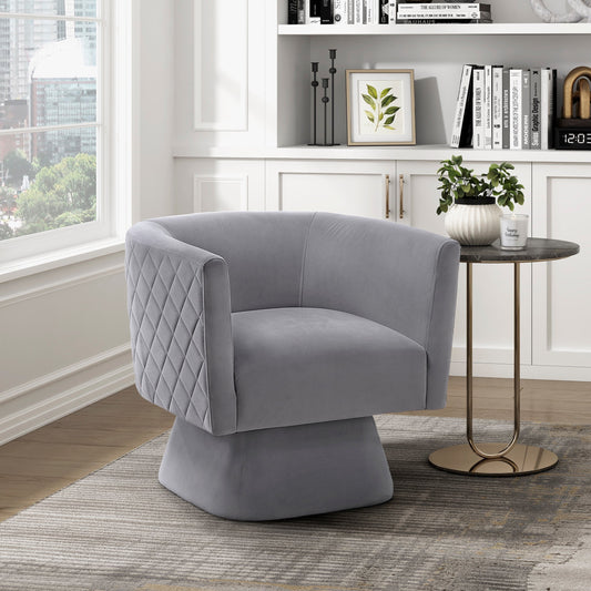 1pc Swivel Chair Gray Velvet Fabric Upholstery Solid wood Diamond Pattern Stitched Back Comfort Chair Living Room Furniture