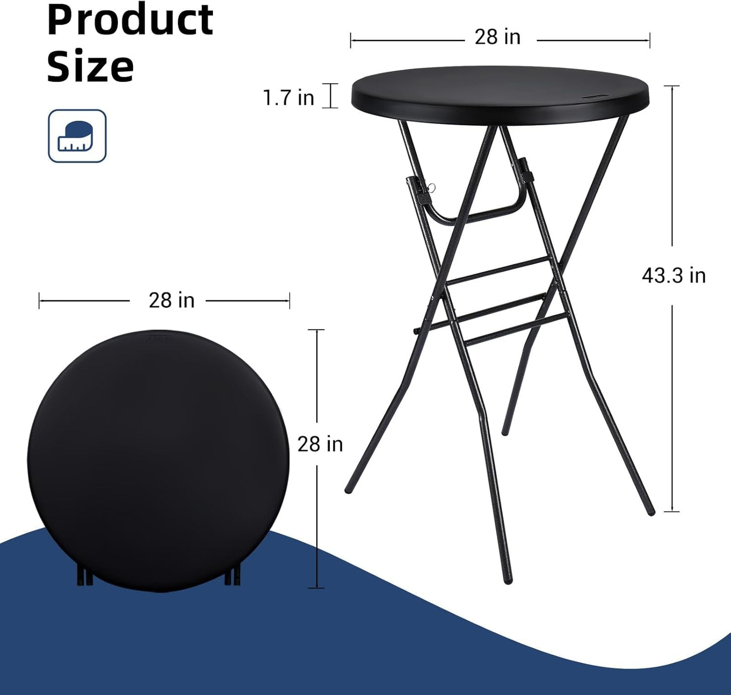 Black Twenty-Eight Inch High Top Foldable Removable Locking Legs Cocktail Table