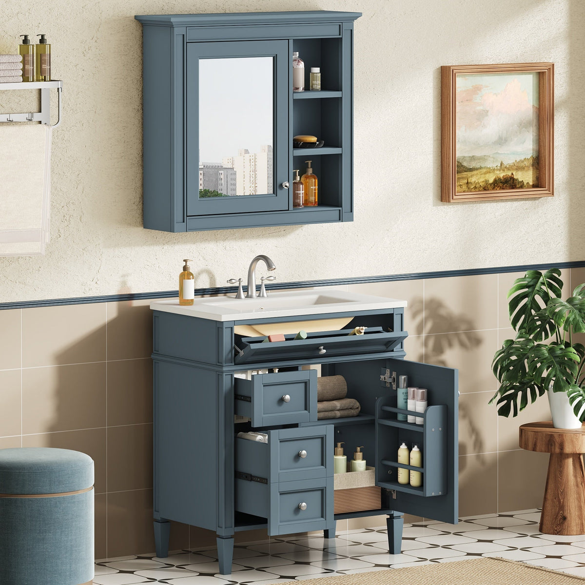 30'' Bathroom Vanity with Top Sink and Mirror Cabinet