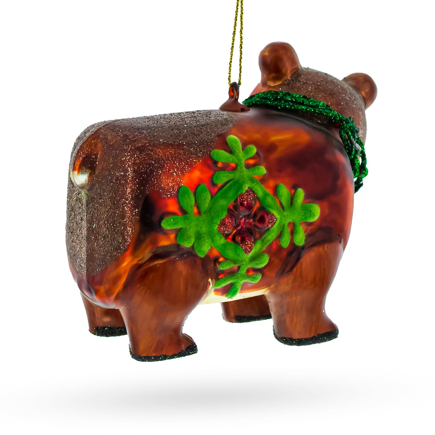 Brown Bear Holding a Poinsettia Glass Christmas Ornament