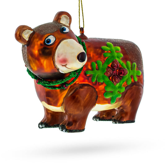 Brown Bear Holding a Poinsettia Glass Christmas Ornament