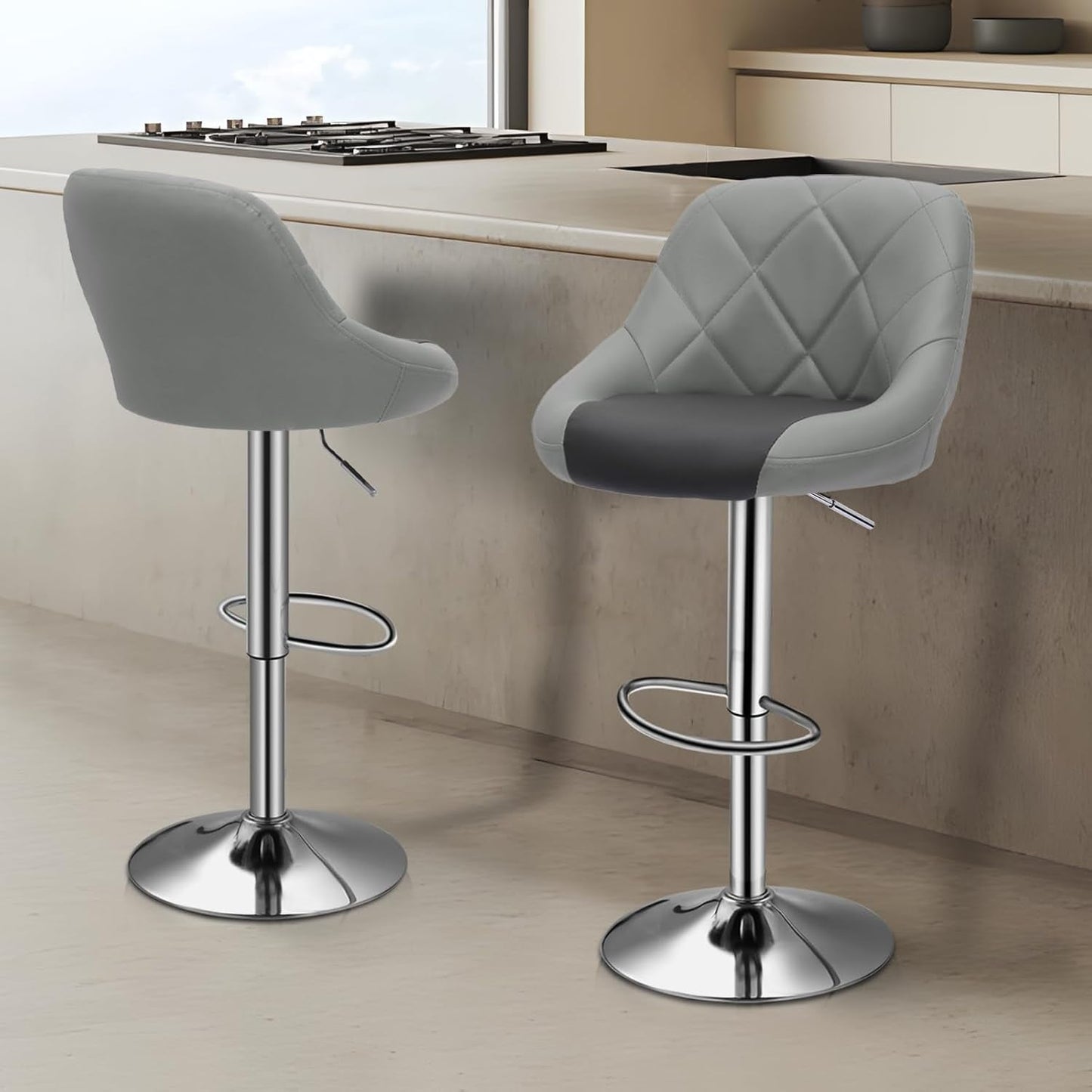 Height Adjustable Grey PU Leather Bar Stools Set Of 2