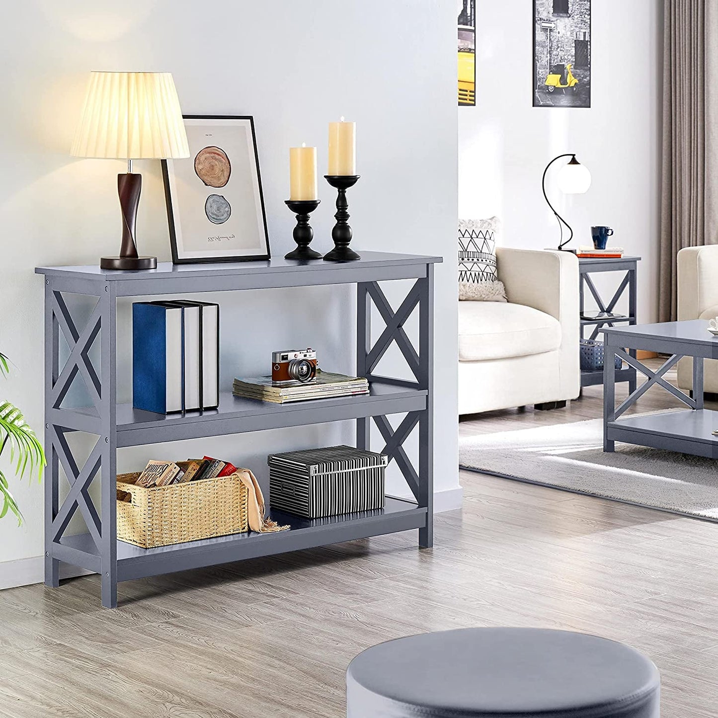 Gray Three Tier Console Table With Storage Shelves