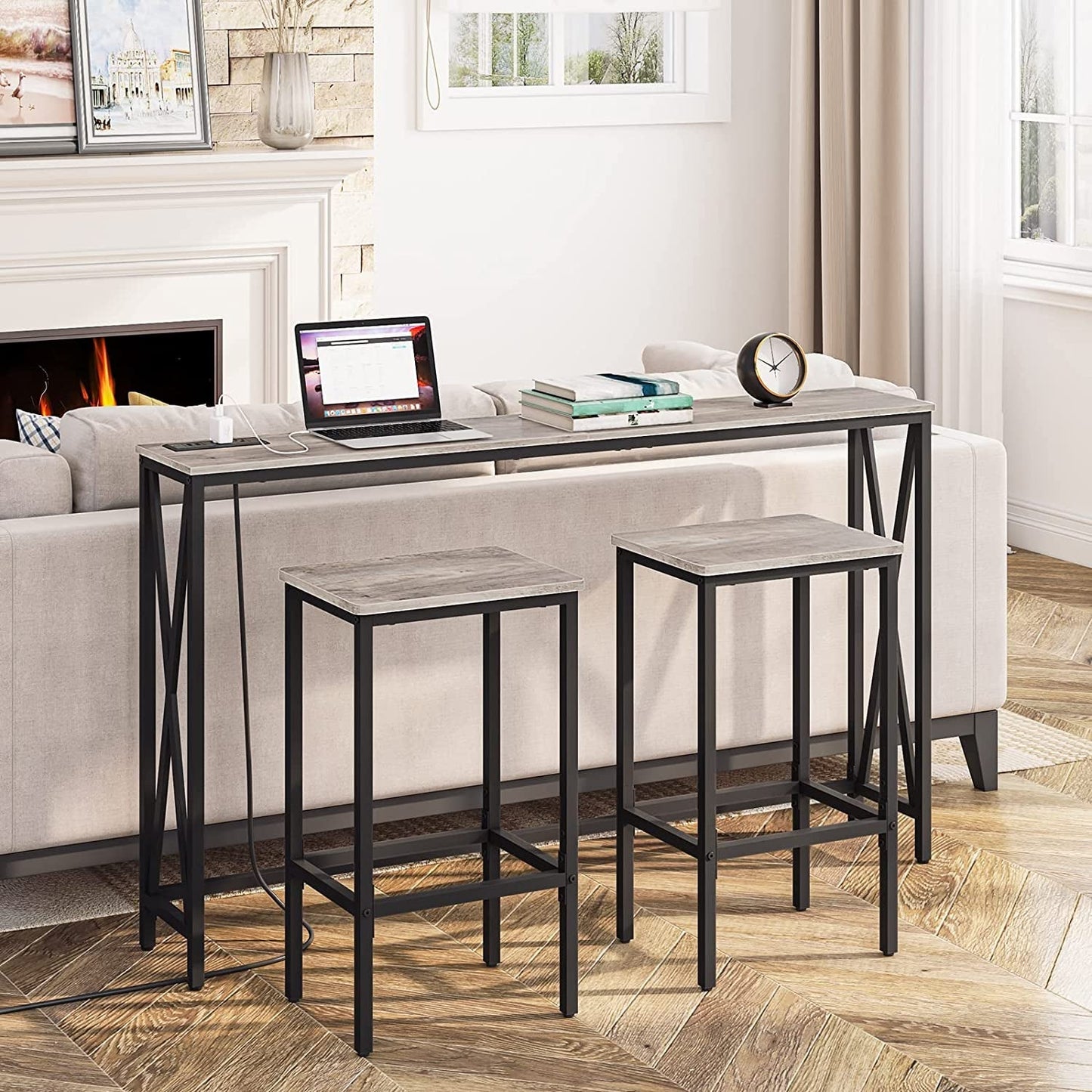 Greige Rectangular Industrial Bar Stool Set of 2 with a console table in a modern living room setting.
