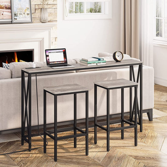 Greige Rectangular Industrial Bar Stool Set of 2 with a console table in a modern living room setting.