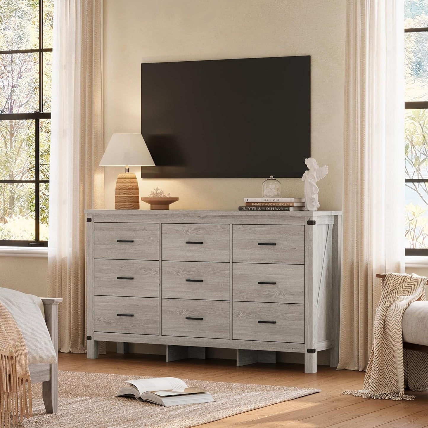 59 Inch Washed Grey Modern Farmhouse DresserWithNineDrawers