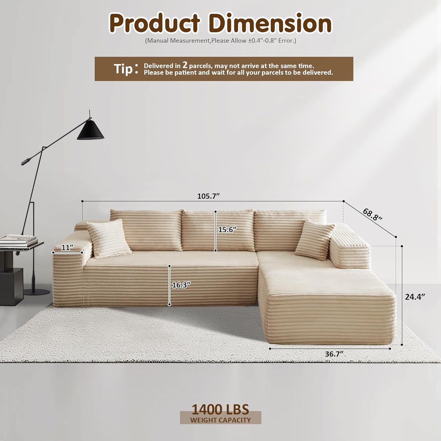 104 Inch Cloud Sectional Sofa Beige No Assembly Required Modern Upholstered Deep Seat Living Room