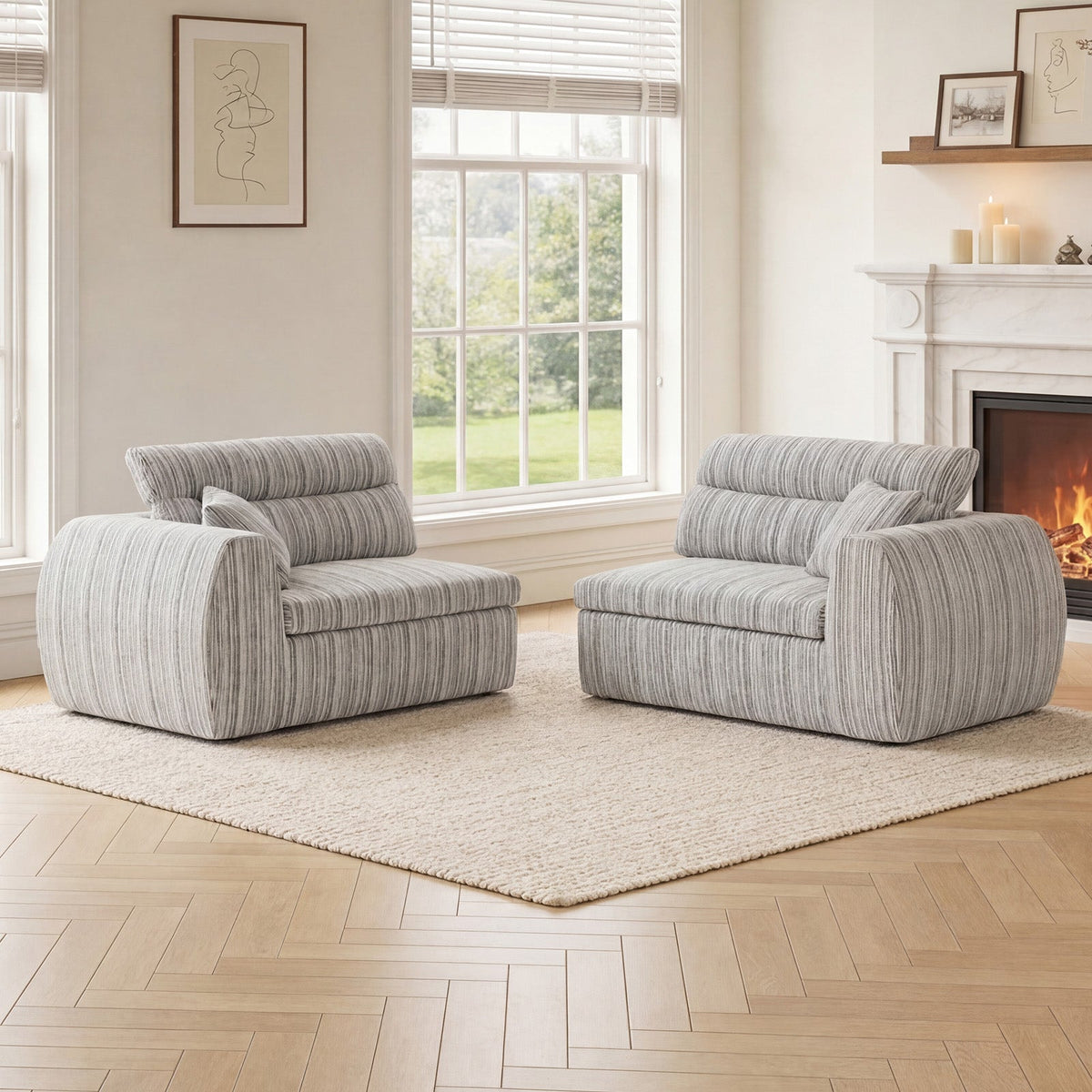 Chenille Stripe Fabric Compressed Sponge Sofa, 3-Seater