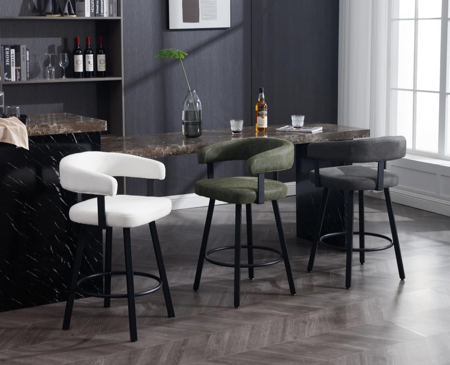 Green Leather Counter Height Bar Stools Set Of 4 With Backs 25 Inch