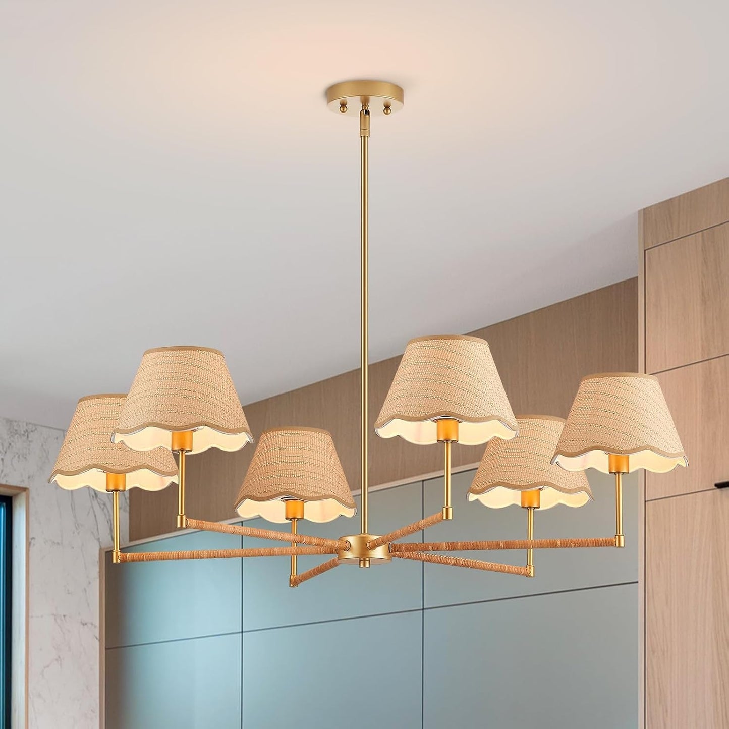 39 Inch Boho Rattan Chandelier Pendant Light 6 Lights