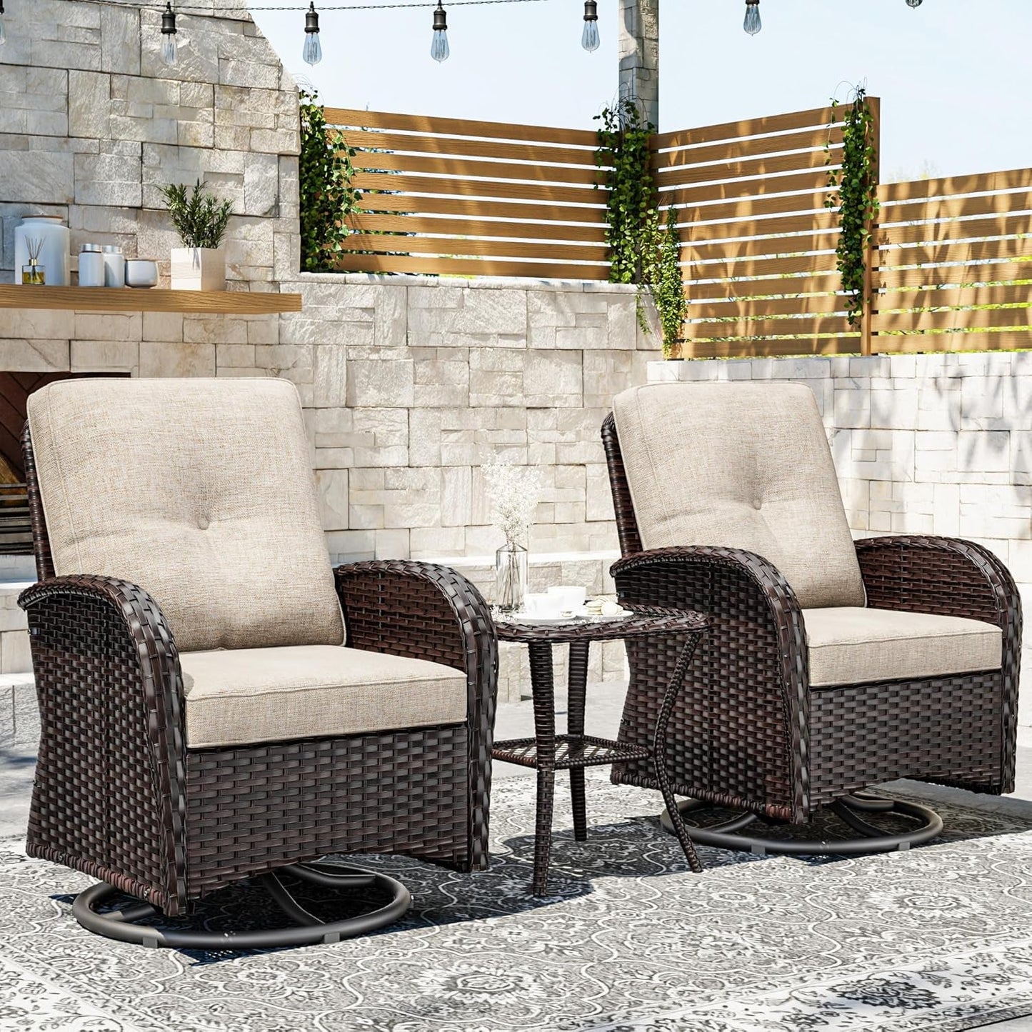 Outdoor Swivel Rocker Chairs 3 Piece Wicker Set Cushioned