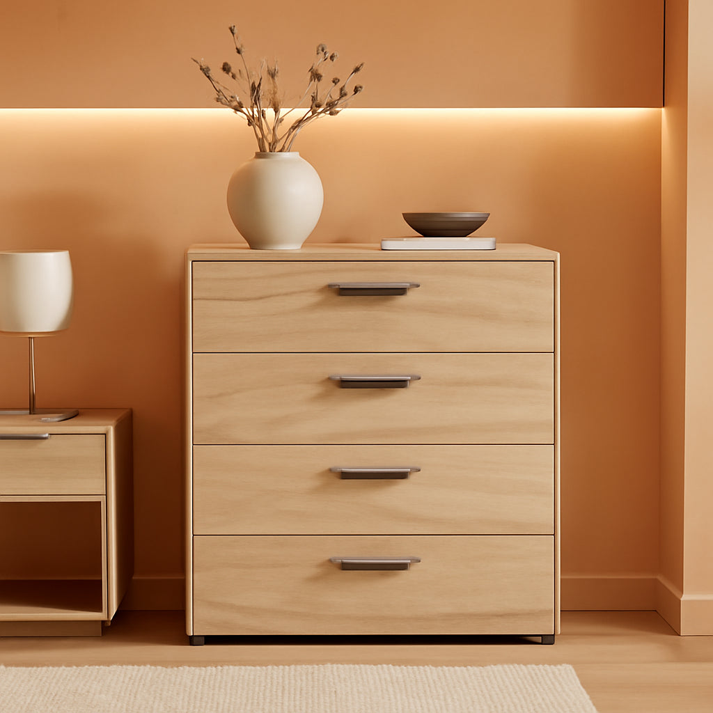 Oak Structure Four Drawer Chest With Silver Bar Handles