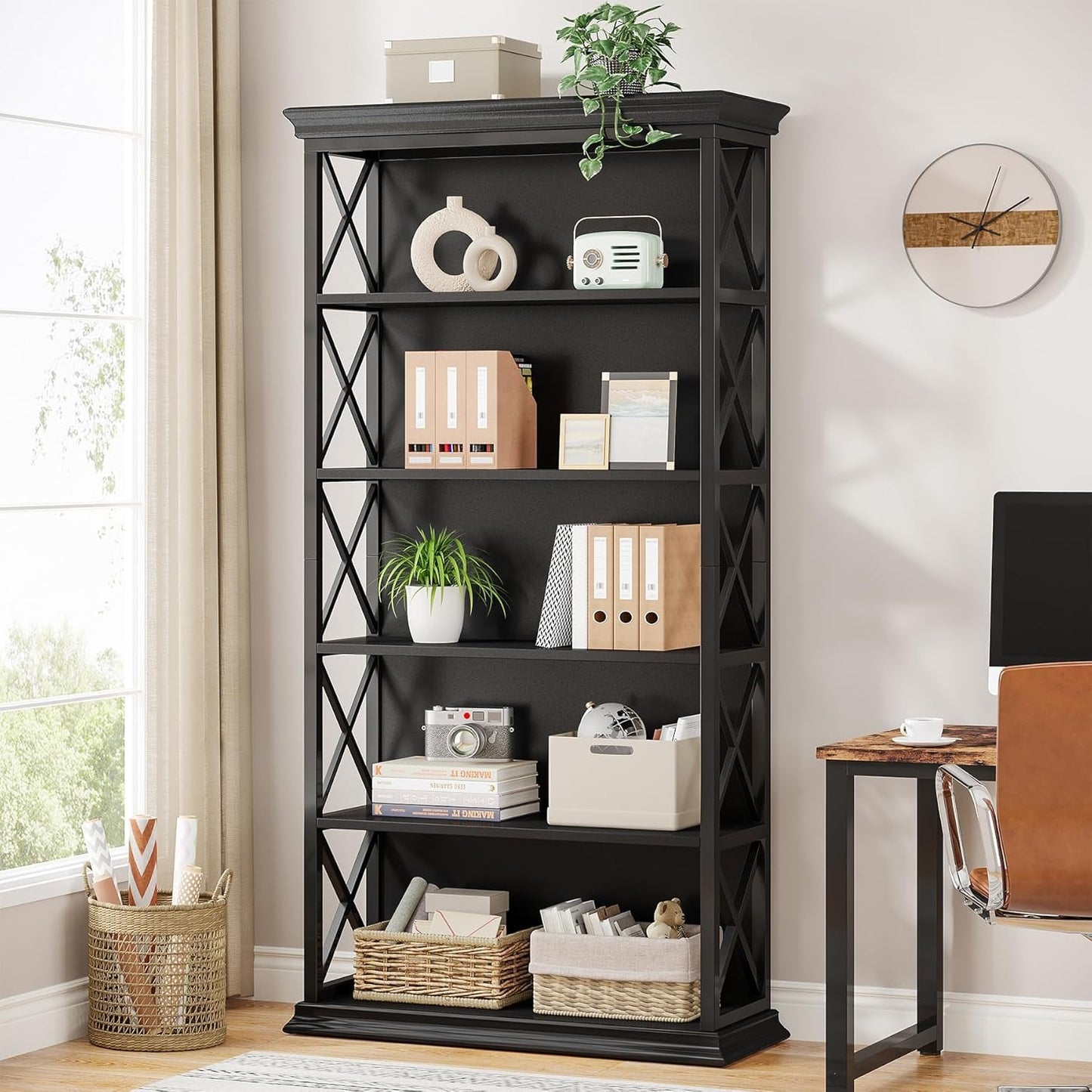 71 Inch 6 Tier Industrial Bookcase Floor Standing All Black