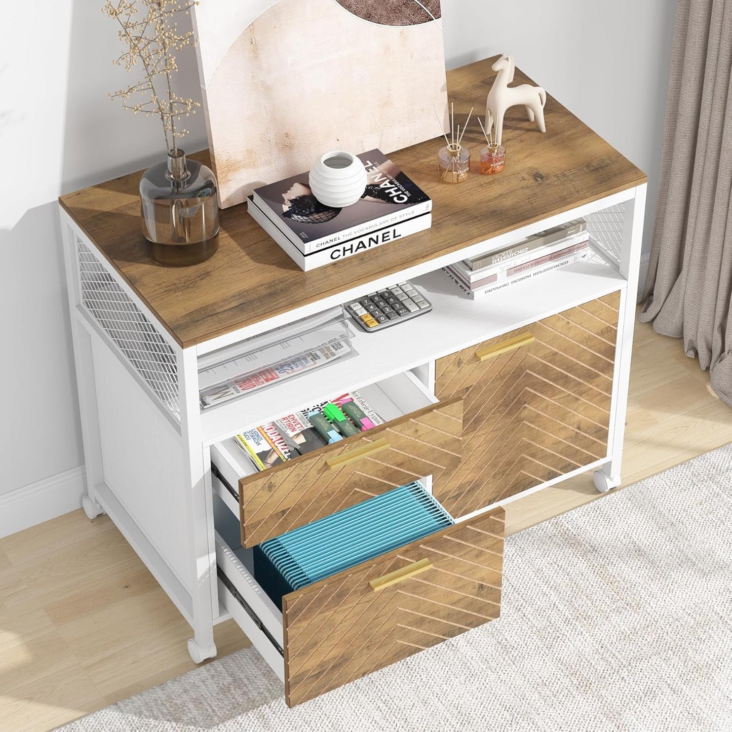 Modern File Cabinet With Drawers In Dark Walnut Casters