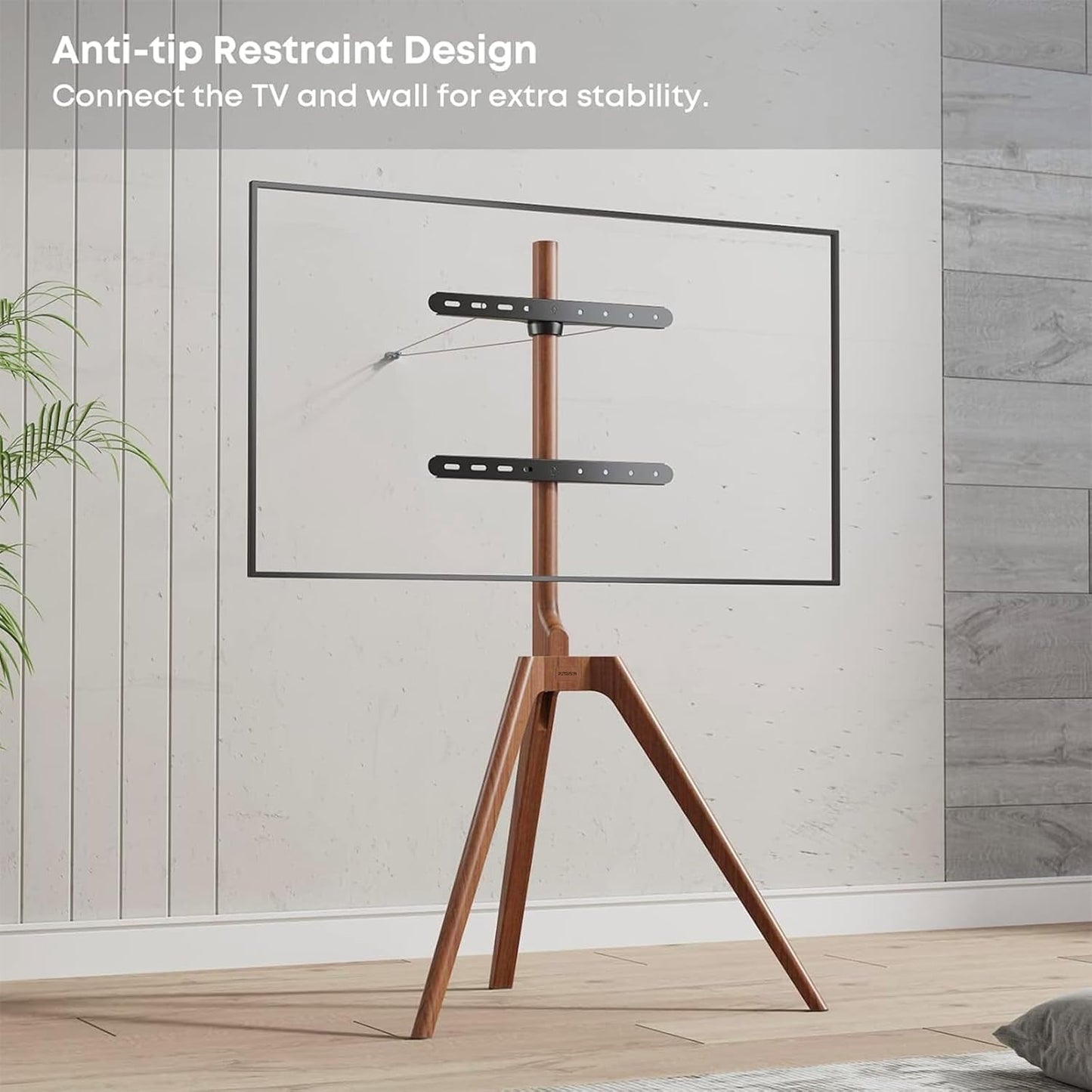 Wood Easel TV Stand For 45 To 65 Inch TVs Walnut Floor