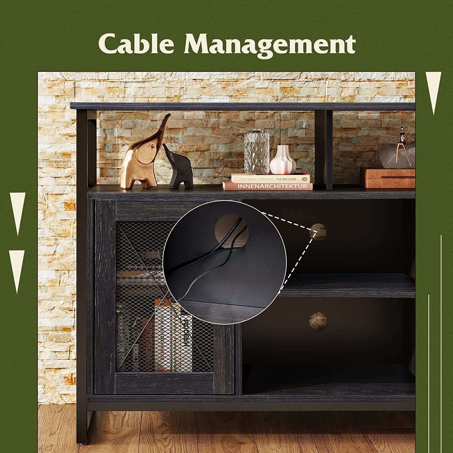 55 Inch TV Stand With Storage Console Industrial Farmhouse showing cable management features and stylish design.