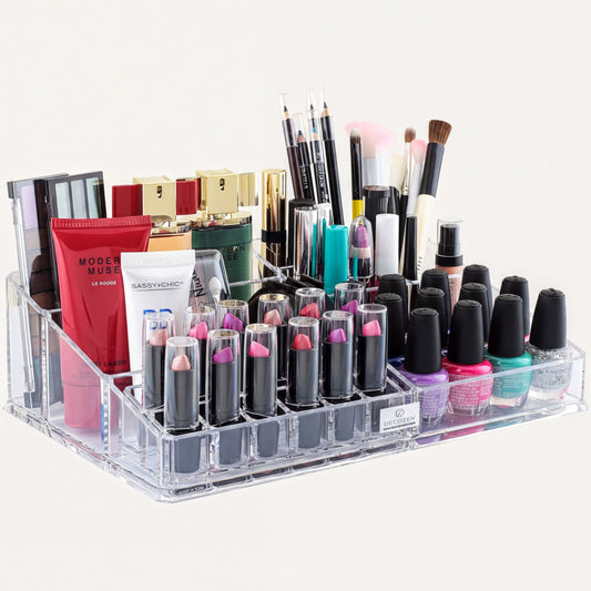 Clear Makeup Organizer - Acrylic Cosmetic Holder with 21 Slots & Lipstick Storage