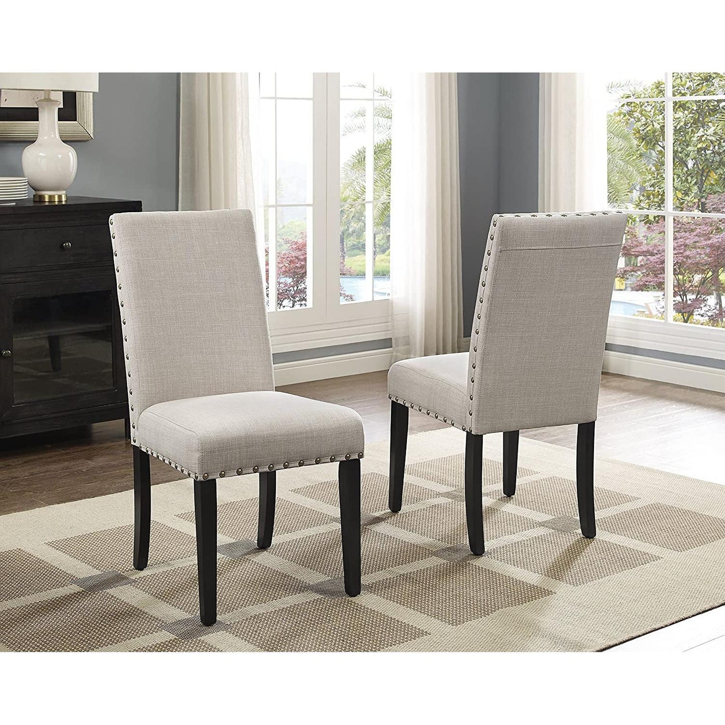 Tan Fabric Nailhead Dining Set 5 Piece Round Table