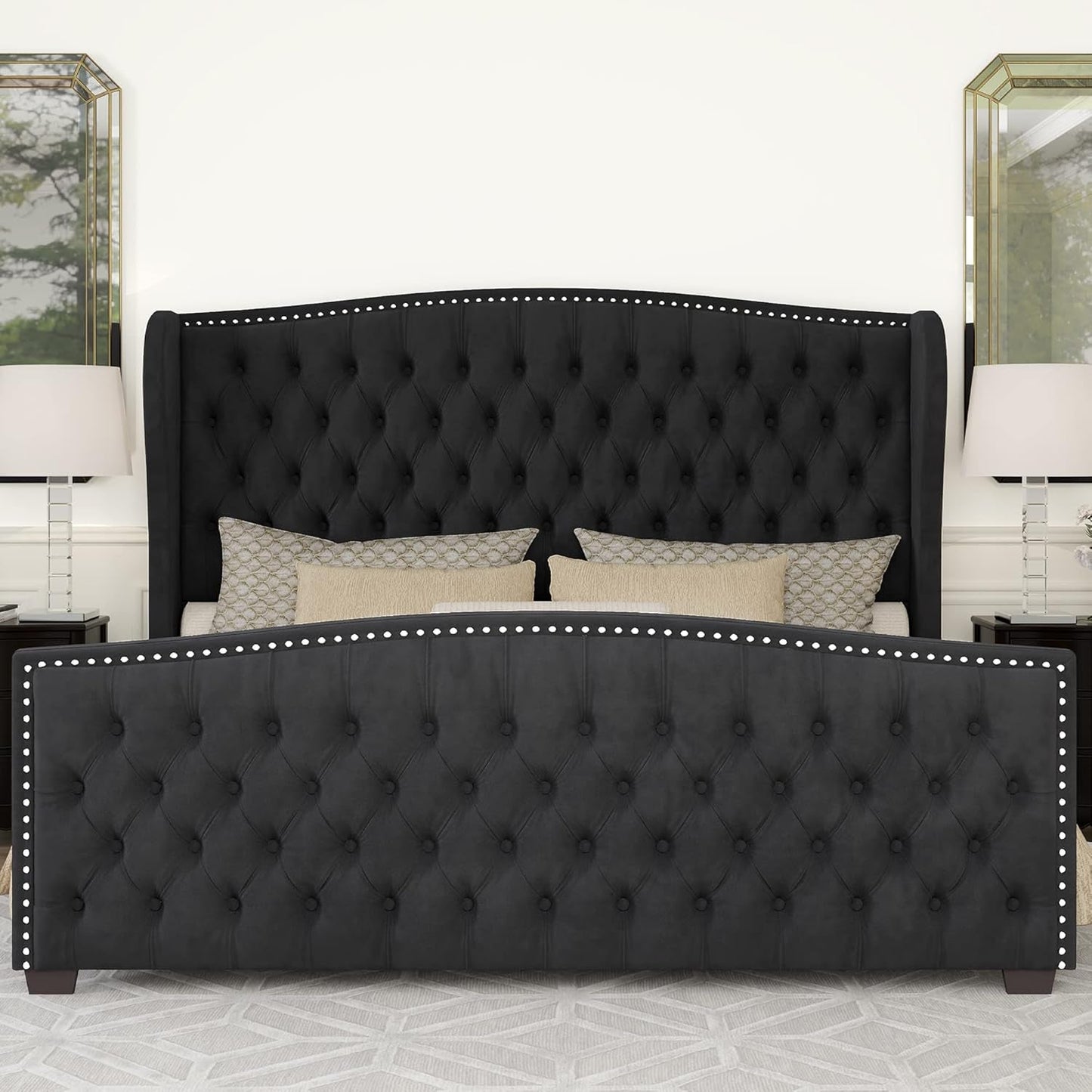 Queen Size Platform Bed Frame With Nailhead Trim Deluxe