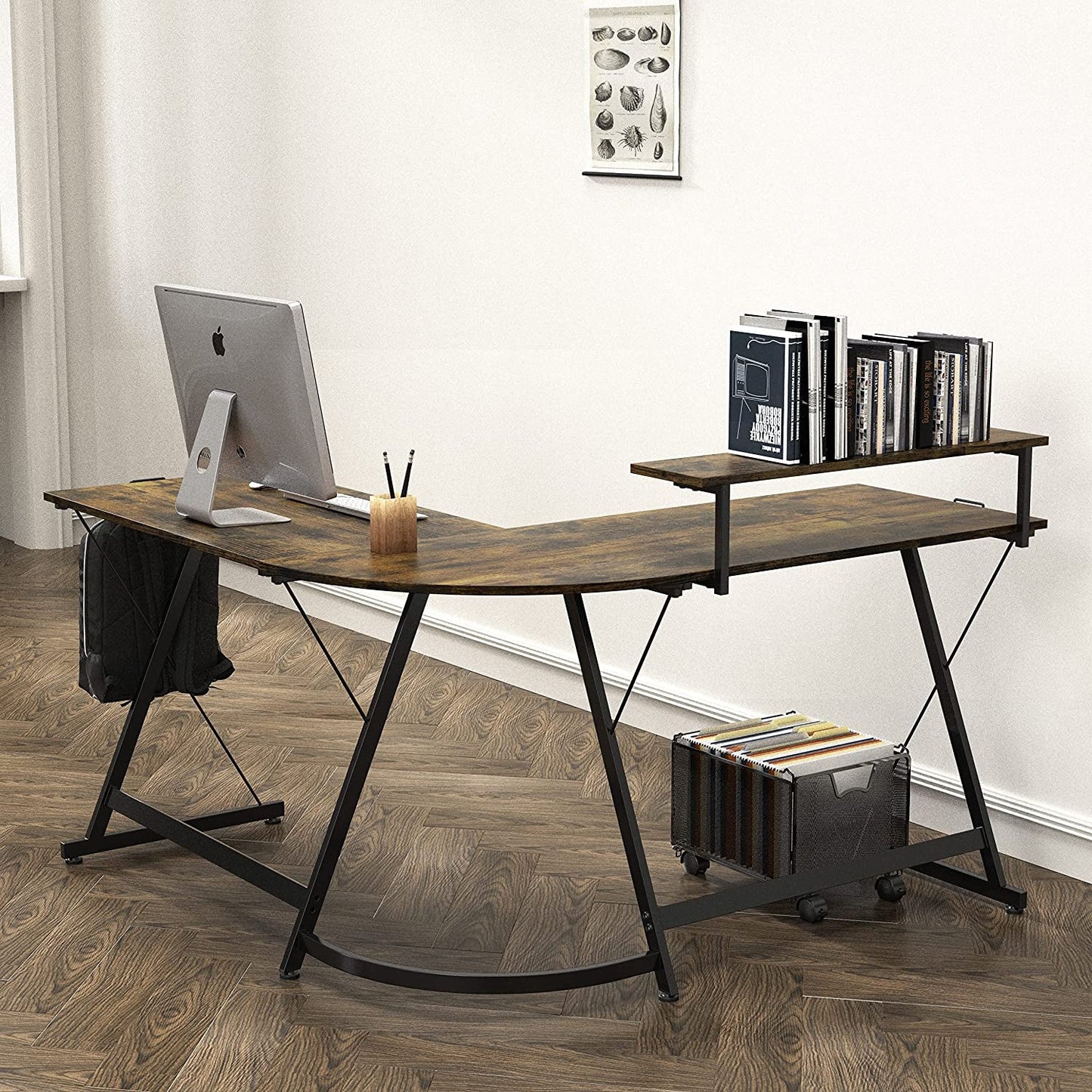 Vista Rustic Brown L Shaped Desk With Monitor Stand