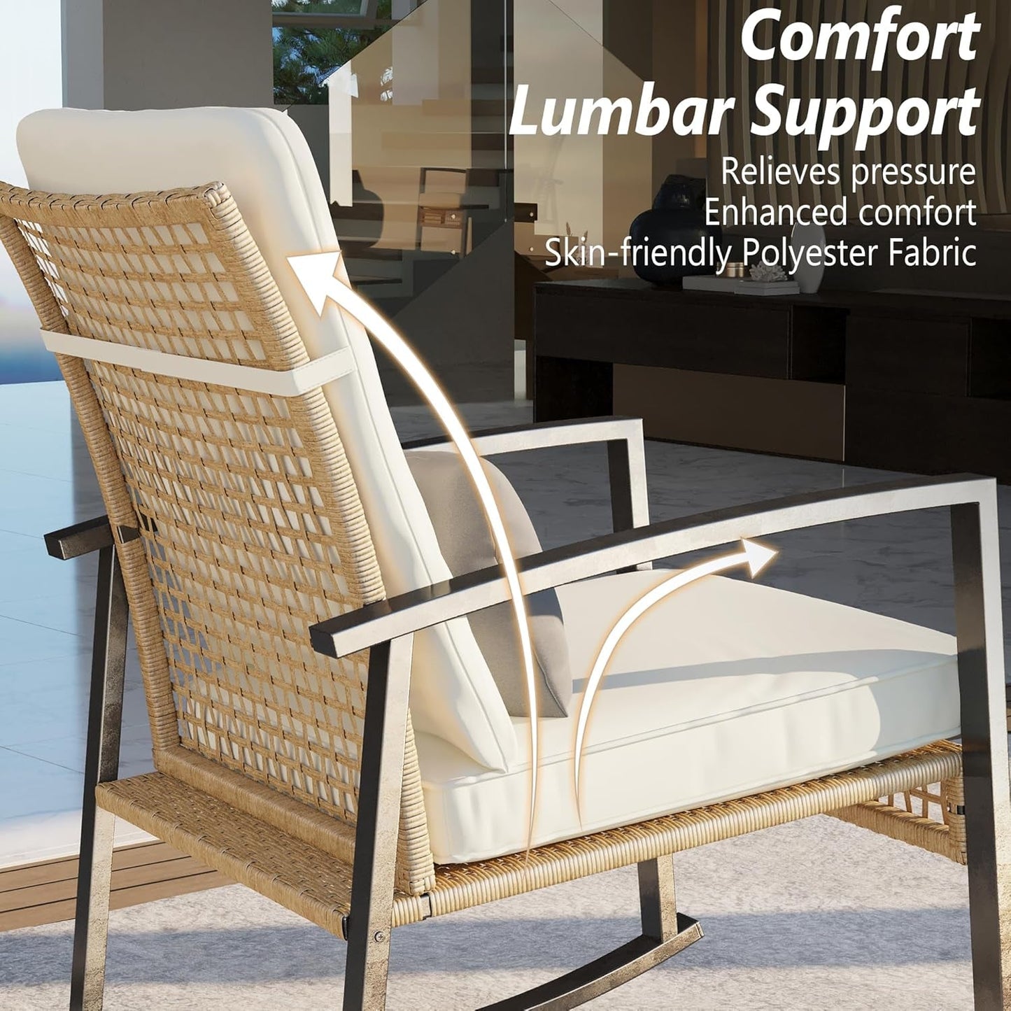 Beige Patio Rocking Chairs Set With Glass Coffee Table