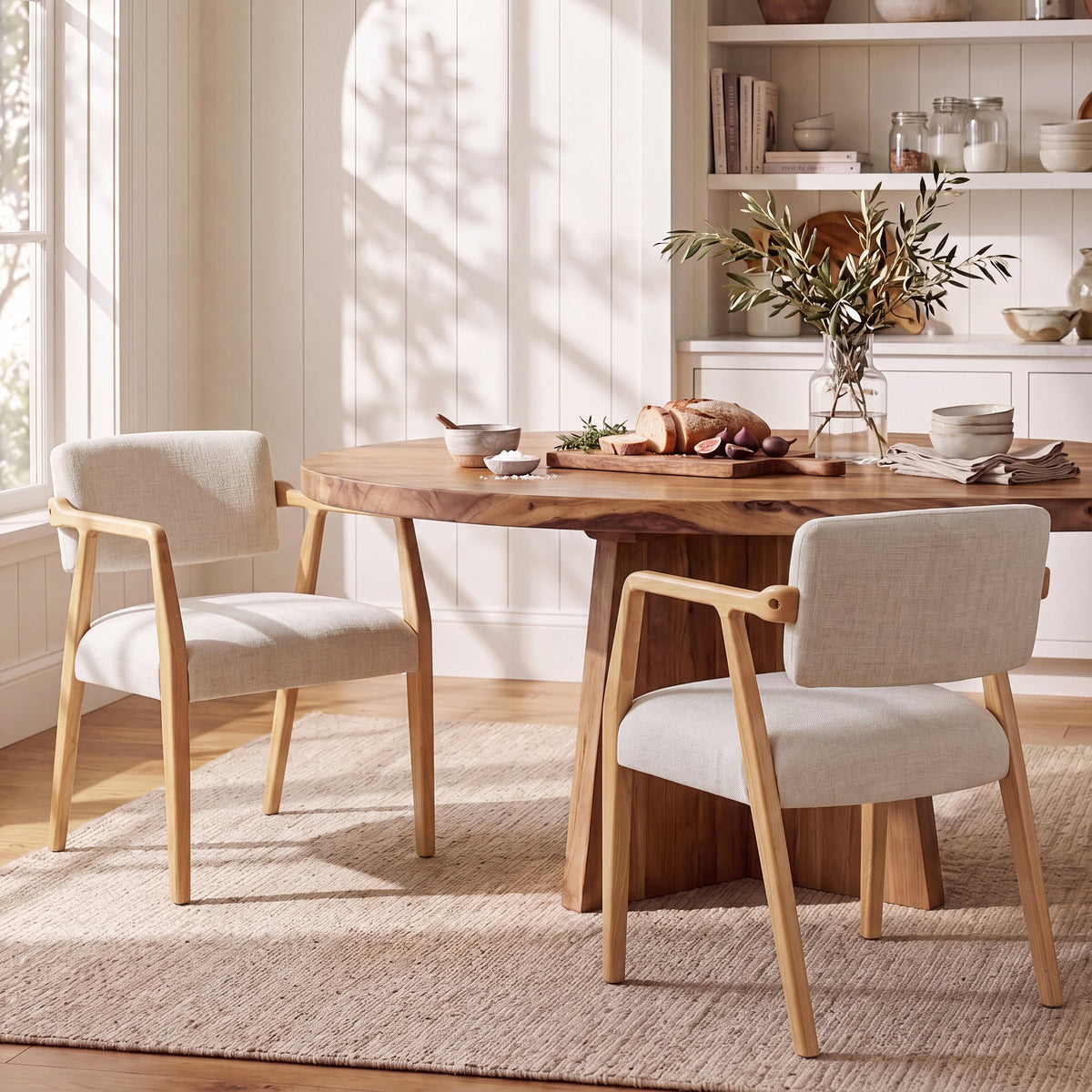 Mid-Century Rubber Wood Upholstered Dining Armchair (Set of 2)